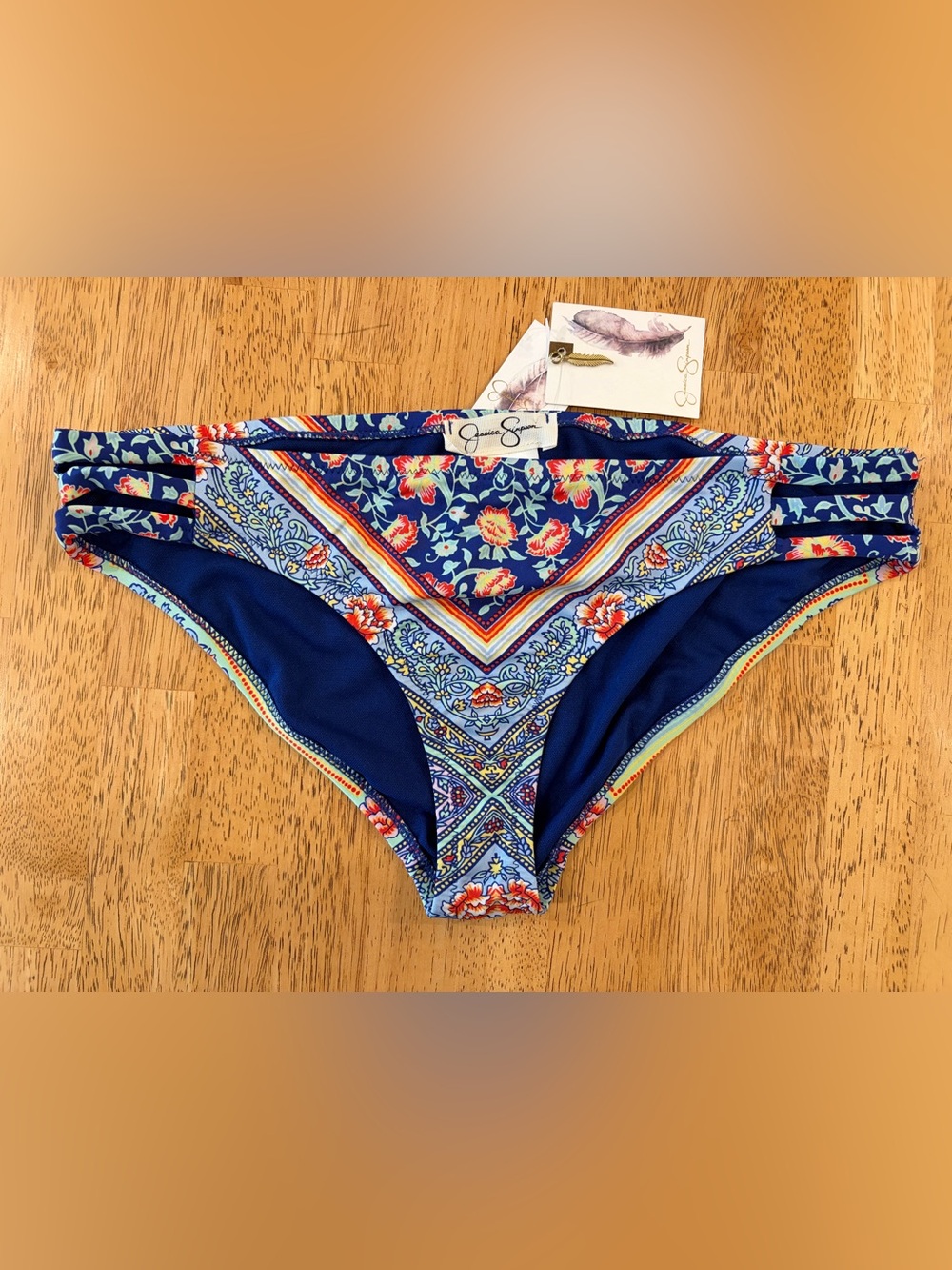 Jessica Simpson Royal Blue Floral Bikini Bottoms with Coral Accents